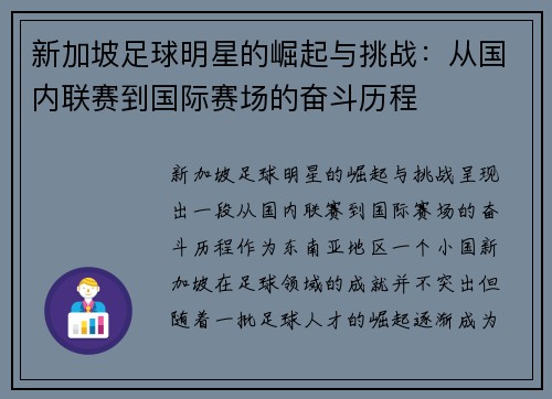 新加坡足球明星的崛起与挑战：从国内联赛到国际赛场的奋斗历程