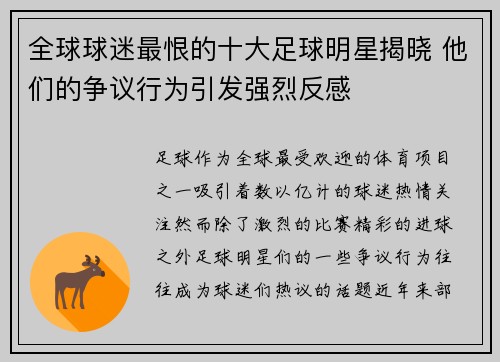 全球球迷最恨的十大足球明星揭晓 他们的争议行为引发强烈反感